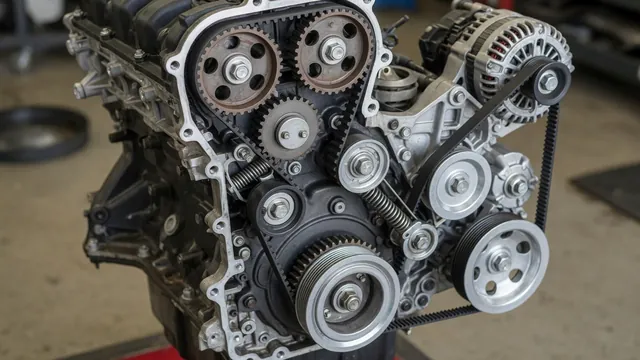 Illustration of a timing belt, tensioner, idler pulleys, and adjacent accessory drive with the engine off.