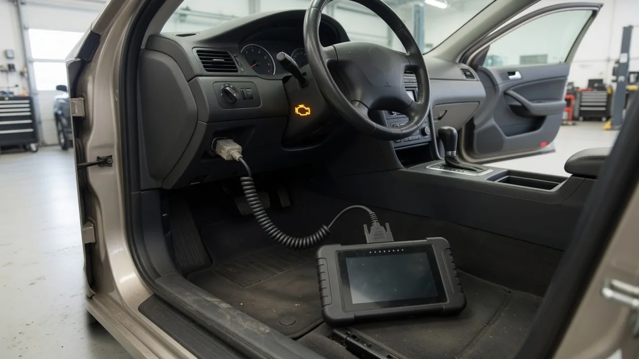 Diagnostic scanner connected inside a parked vehicle during a check-engine-light inspection