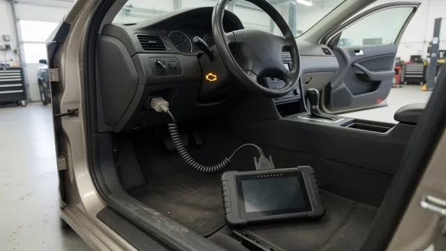 Diagnostic scanner connected inside a parked vehicle during a check-engine-light inspection