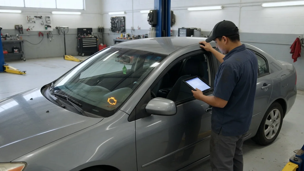 Technician reviewing diagnostic scan data beside a vehicle with a transmission warning light
