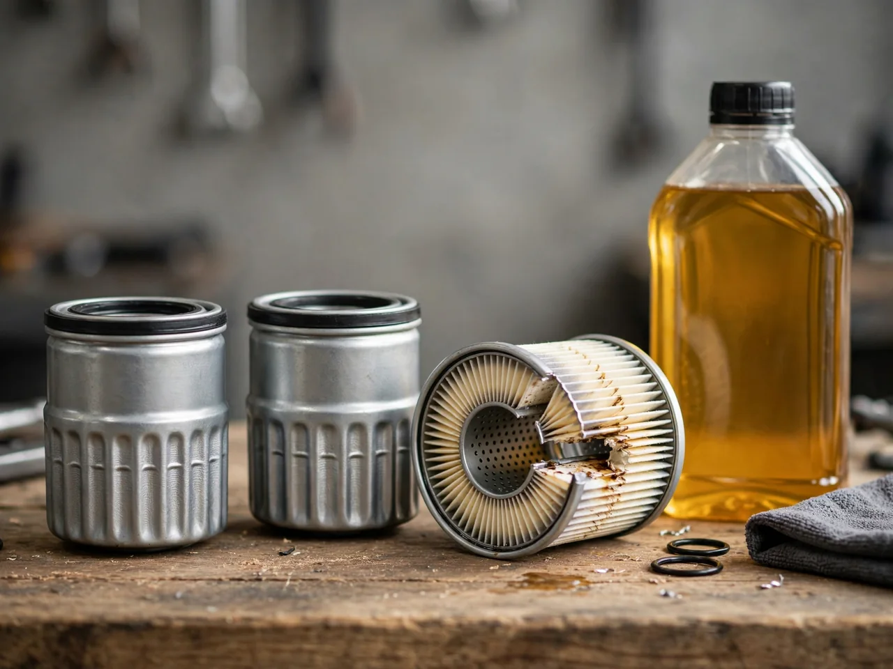 Three unbranded oil filters beside a bottle of synthetic motor oil, one cut open to reveal pleated filter media