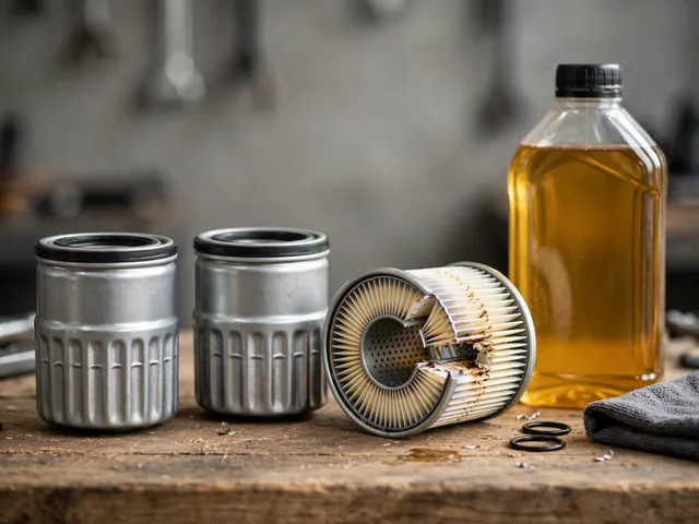 Three unbranded oil filters beside a bottle of synthetic motor oil, one cut open to reveal pleated filter media