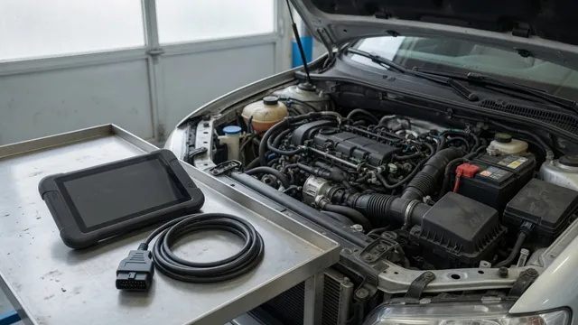 Diagnostic scanner beside an engine bay during investigation of a P1345 trouble code
