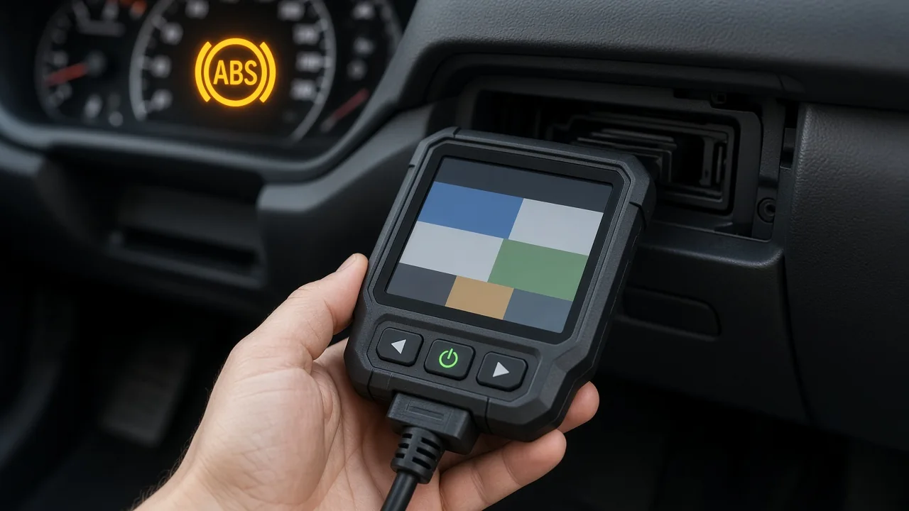 OBD-II scan tool connected under a dashboard, reading chassis trouble codes, with an ABS warning light on in the background