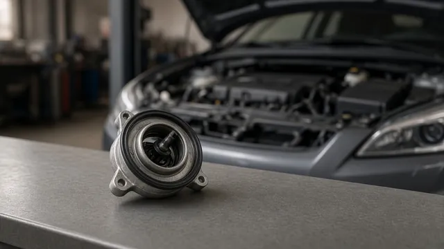 Automotive thermostat resting on a clean workbench beside a cooled engine