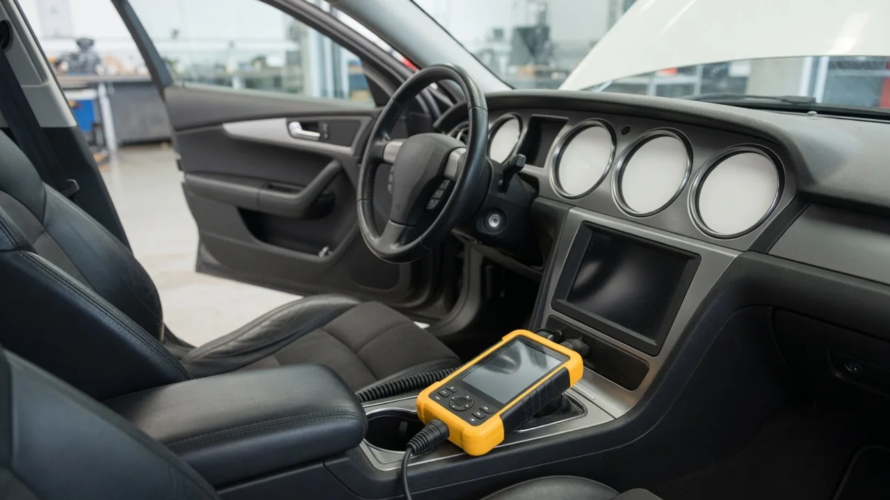 Vehicle instrument cluster and diagnostic scanner illustrating speed-signal troubleshooting