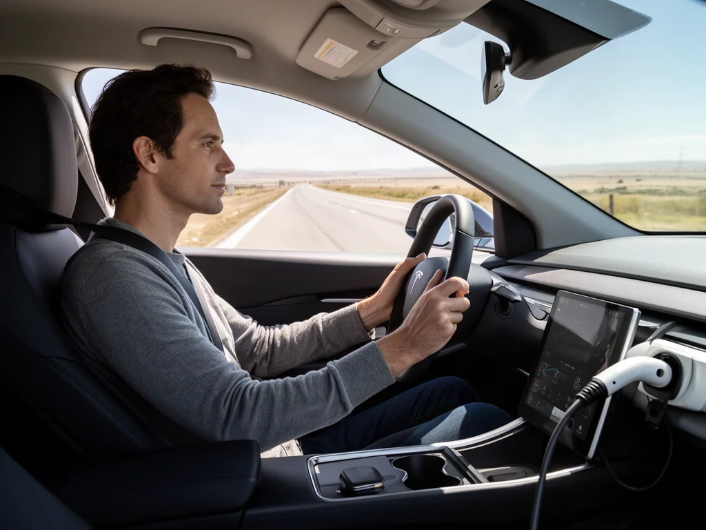 Driver watching the road with hands on the wheel in an electric car approaching a gentle bend