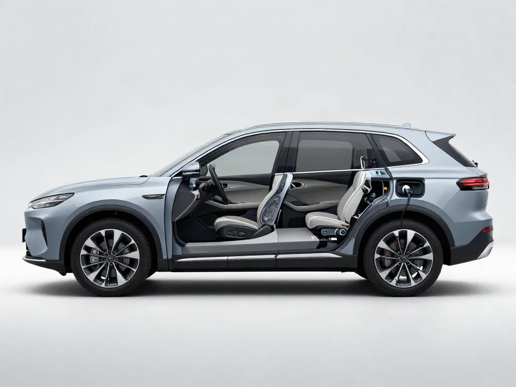 Illustration of a hybrid SUV with the traction battery area highlighted beneath the rear seating area
