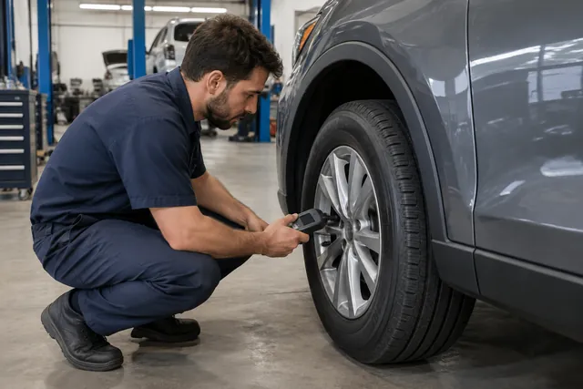 Technician holding a TPMS service tool beside a vehicle wheel in a repair shop