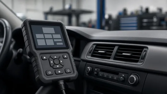 Diagnostic scanner beside a vehicle dashboard with warning indicators illuminated
