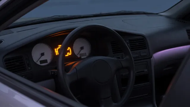 Illustration of a Chevy Equinox dashboard with an illuminated amber check engine symbol