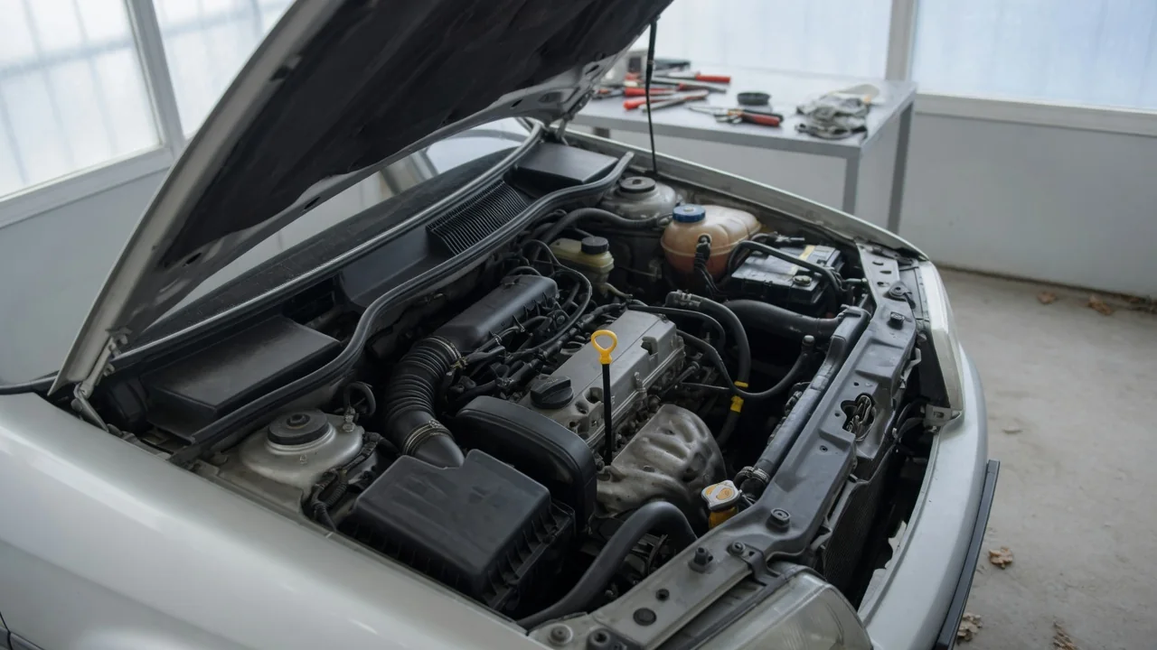 Oil dipstick and oil filler cap in an engine bay during an oil level inspection