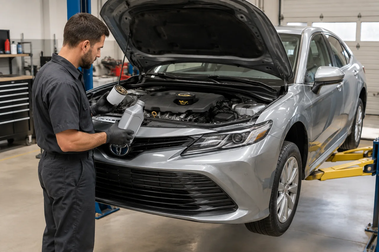 Technician preparing an oil change on a Toyota sedan with fresh oil and a new filter beside the open hood