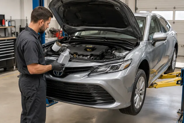 Technician preparing an oil change on a Toyota sedan with fresh oil and a new filter beside the open hood