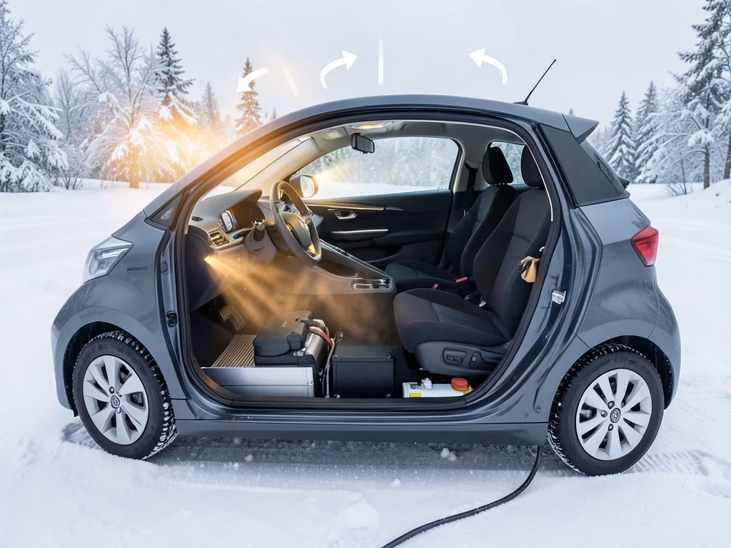 Illustration of an electric car’s cabin heating system with warm airflow and battery power paths