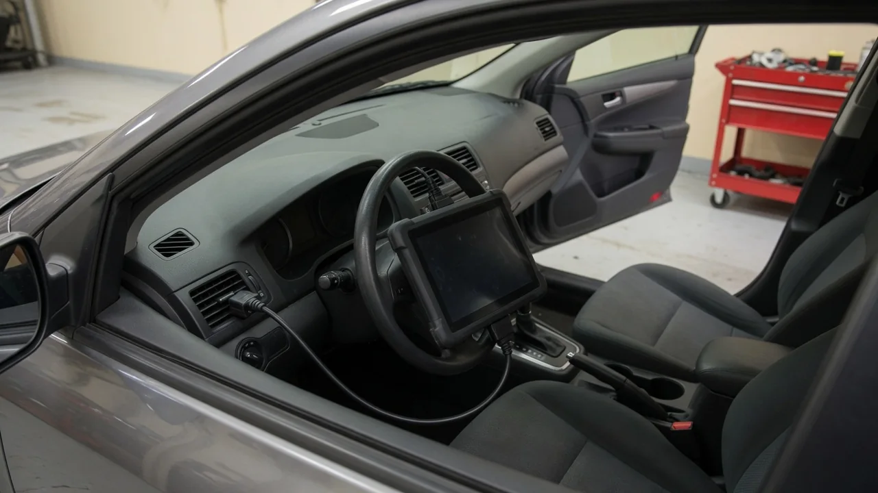 Diagnostic scan tool beside a vehicle dashboard during a trouble code inspection