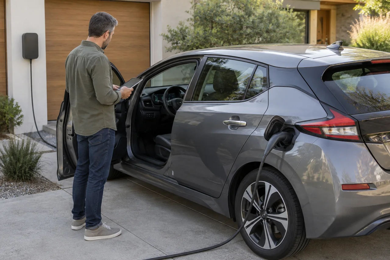 A shopper checks the range display on a used electric car plugged into a home charger