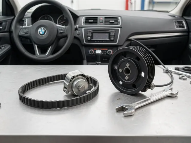 Timing belt, tensioner, and idler pulley arranged on a clean automotive workbench