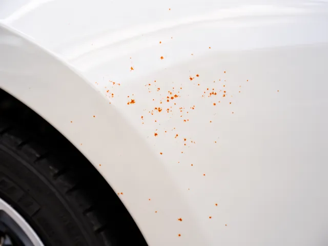 Tiny orange specks on clean white car paint near a wheel arch