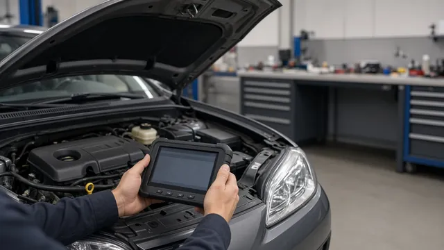 Technician reviewing vehicle diagnostic codes on a scan tool beside a parked car