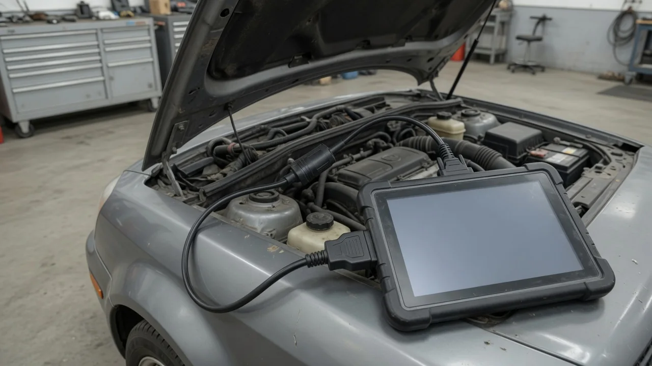 Diagnostic scan tool showing P1717 beside a vehicle dashboard