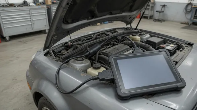 Diagnostic scan tool showing P1717 beside a vehicle dashboard