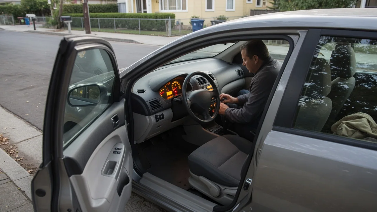 Driver observing illuminated dashboard lights while a parked car fails to start