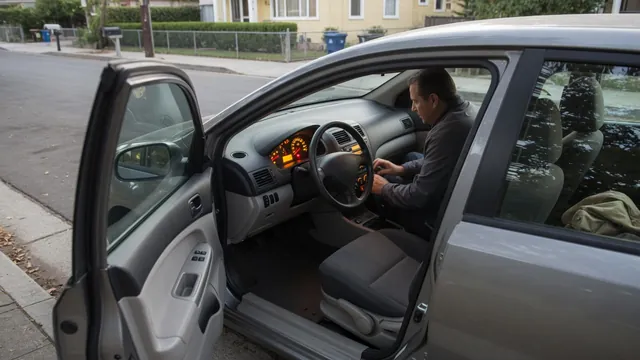 Driver observing illuminated dashboard lights while a parked car fails to start