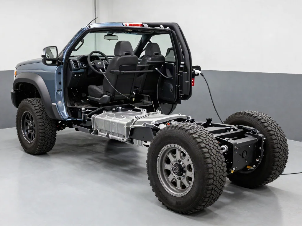 Rear differential housing and axle beneath a heavy-duty pickup truck in a clean service bay