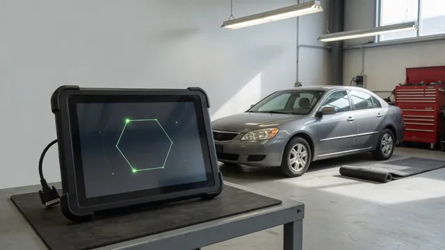 Diagnostic scan tool displaying P1089 beside a parked vehicle in an automotive workshop