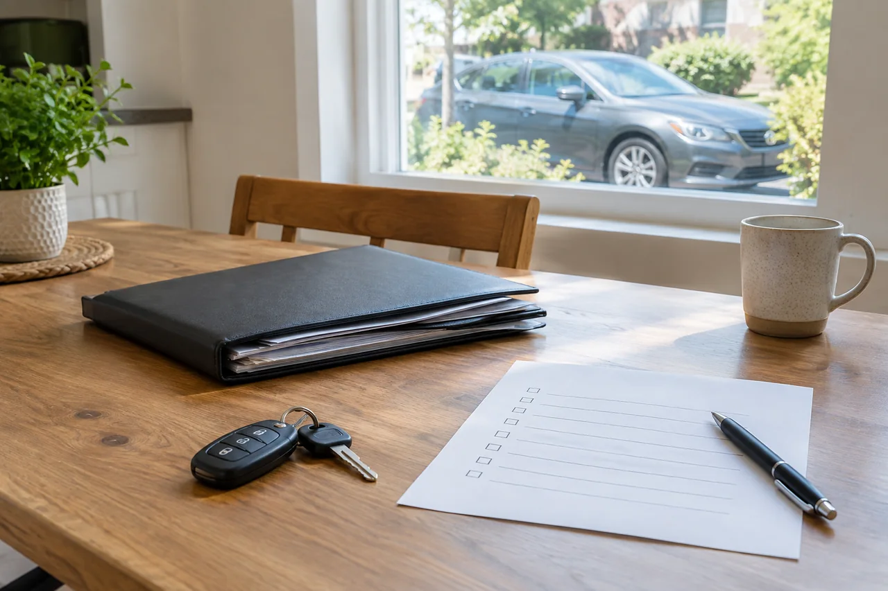 Used car keys, purchase paperwork, and a first steps checklist on a table