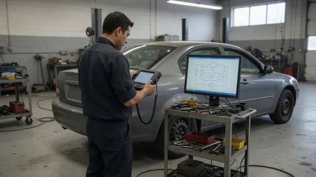Technician reviewing transmission fault codes on a scan tool beside a parked vehicle