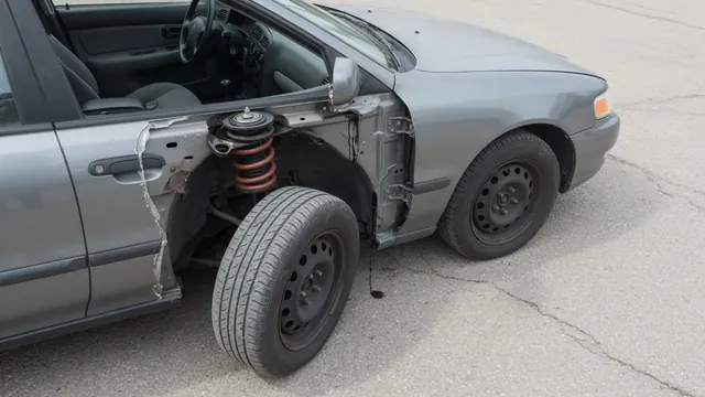 Parked car with a visible front strut and tire, highlighting areas checked during a suspension inspection.
