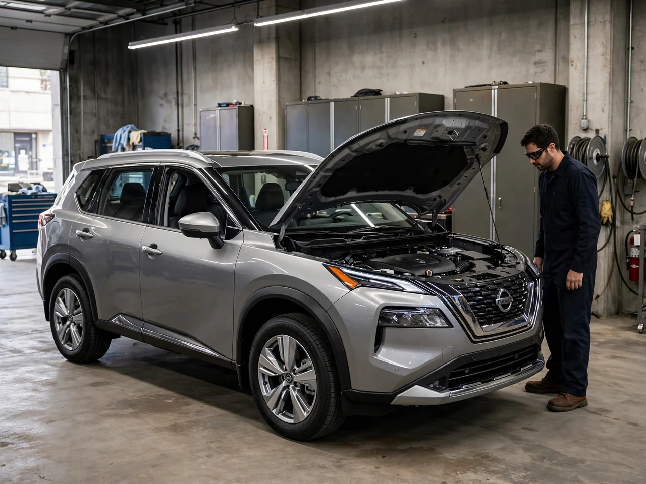 Nissan Rogue parked in a clean service bay with its hood open for an engine inspection