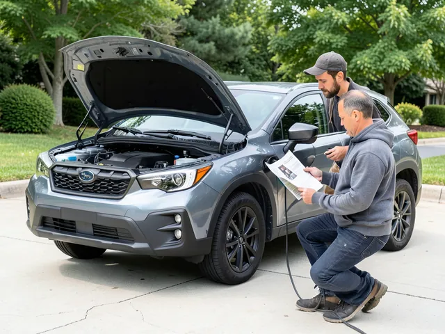 Subaru owner checking brake fluid requirements in an owner's manual beside a parked vehicle