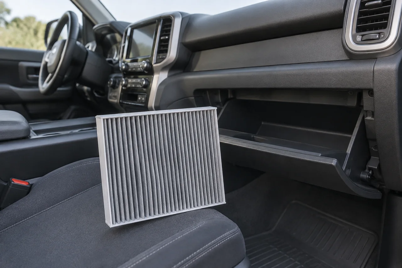 Ford F-150 cabin air filter guide showing a pleated filter beside an open glove box
