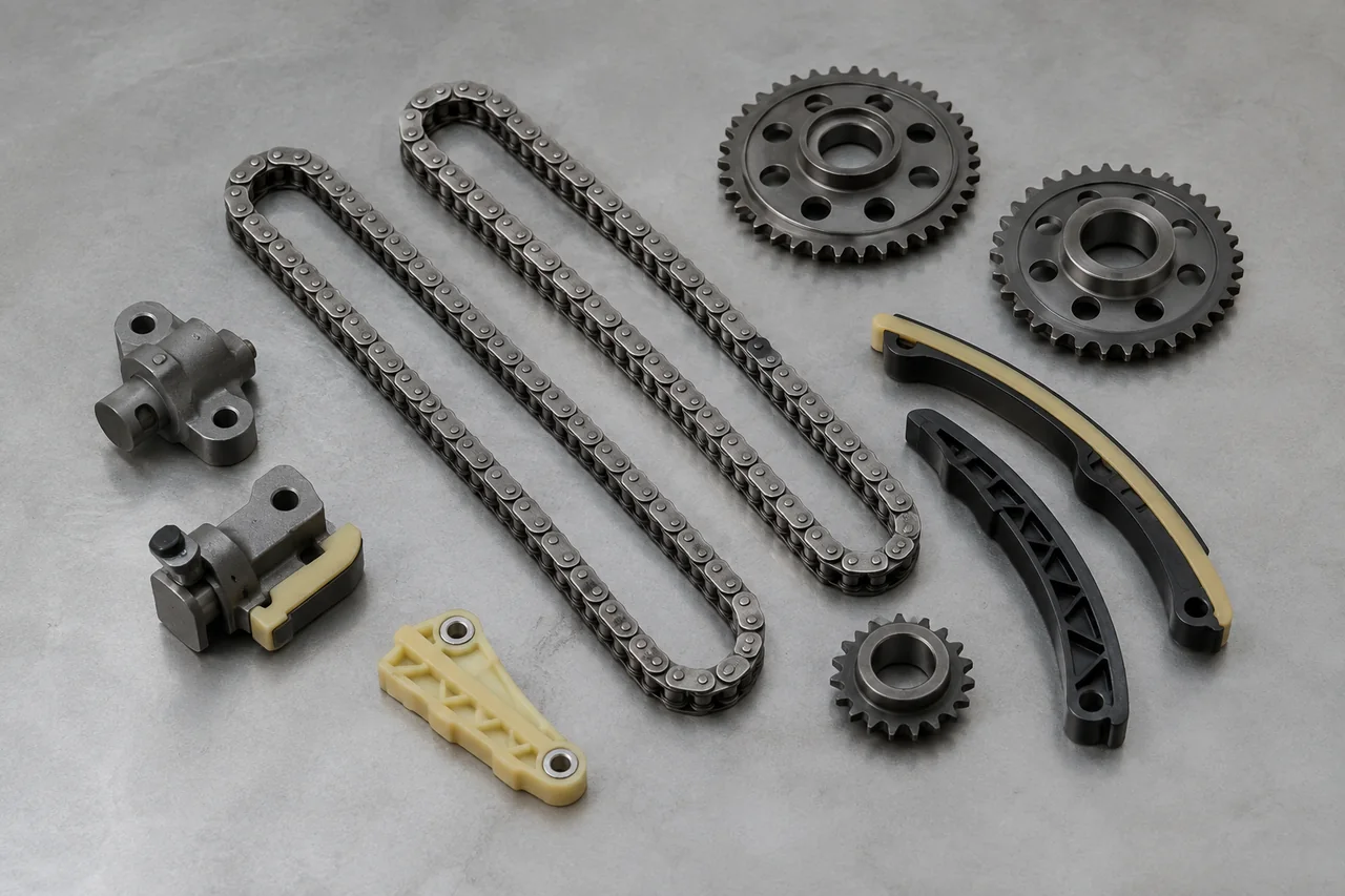 Timing chain kit parts including chains, guides, tensioners and sprockets arranged on a workbench