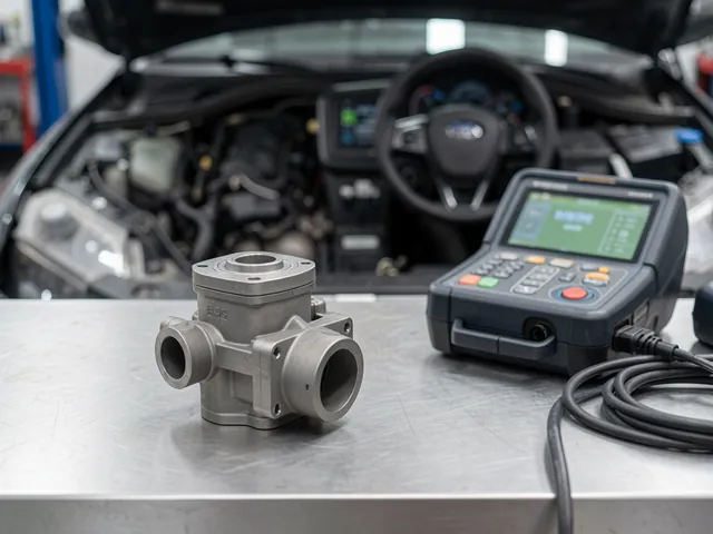 EGR valve on a clean workshop bench beside diagnostic equipment