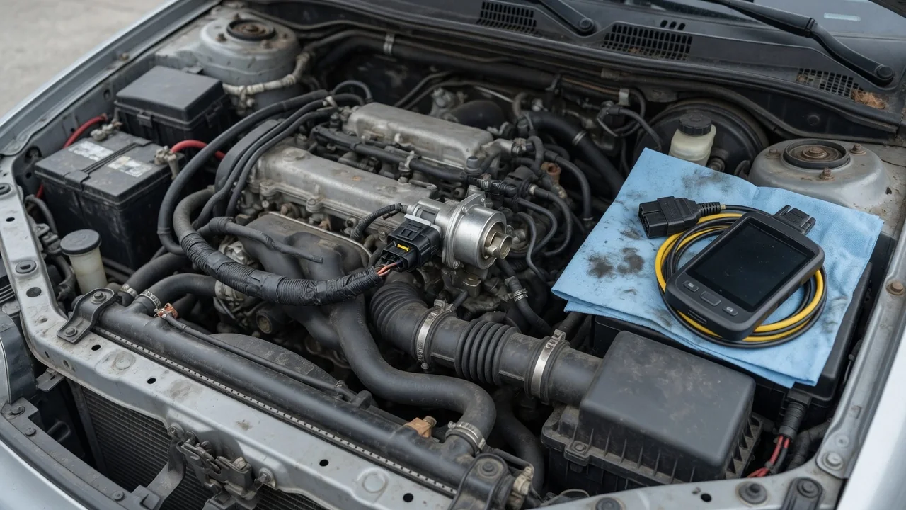 Engine bay with an EGR valve electrical connector and a diagnostic scanner nearby