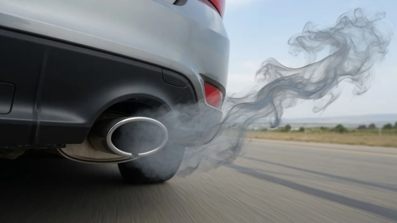 Exhaust smoke trailing from a car tailpipe as the car accelerates on the road