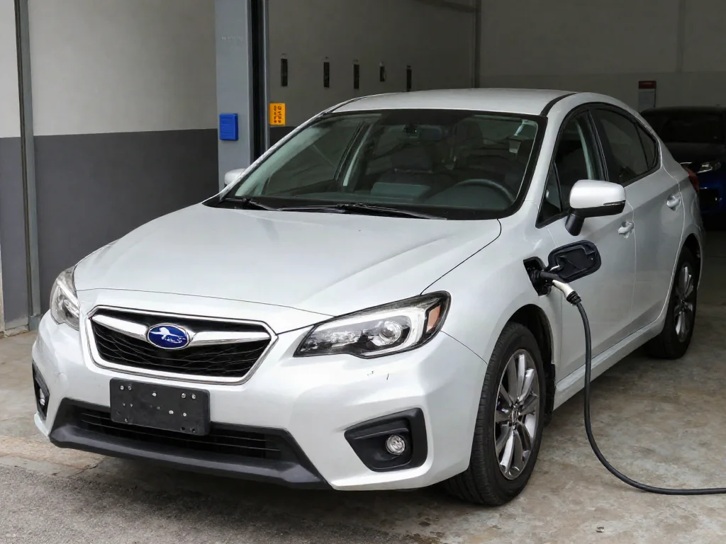 Subaru parked outside an automotive service shop for an engine inspection