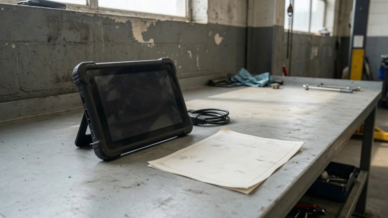 Diagnostic scanner displaying P1071 beside a vehicle identification worksheet