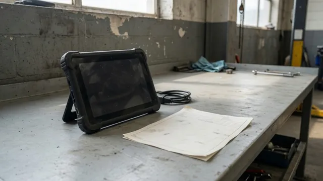 Diagnostic scanner displaying P1071 beside a vehicle identification worksheet