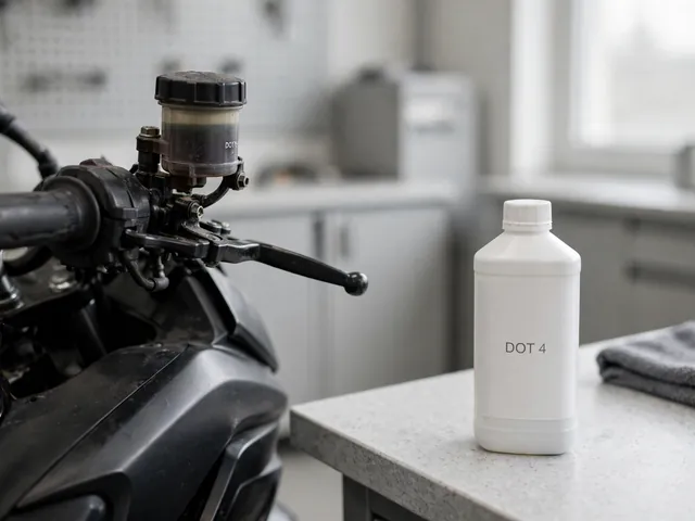 Motorcycle brake fluid reservoir beside a sealed DOT 4 bottle in a clean workshop