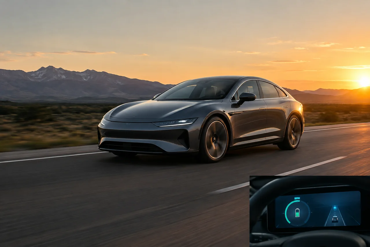 Premium electric sportback sedan on a highway at sunset, with a digital battery range display