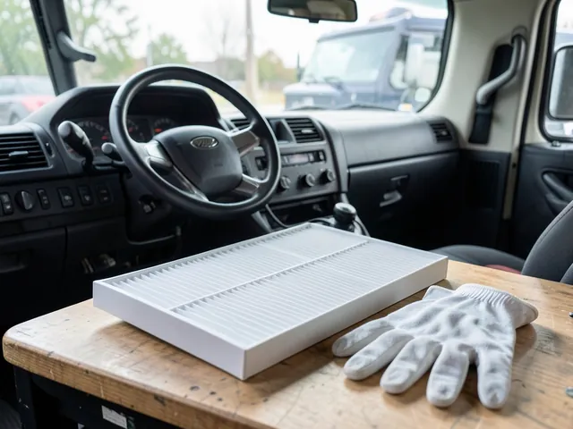 Cabin air filter and clean work gloves prepared for Freightliner Cascadia HVAC maintenance