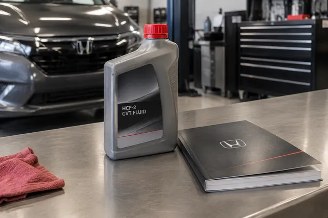 Bottle labeled HCF-2 CVT fluid beside a Honda owner’s manual on a clean service counter