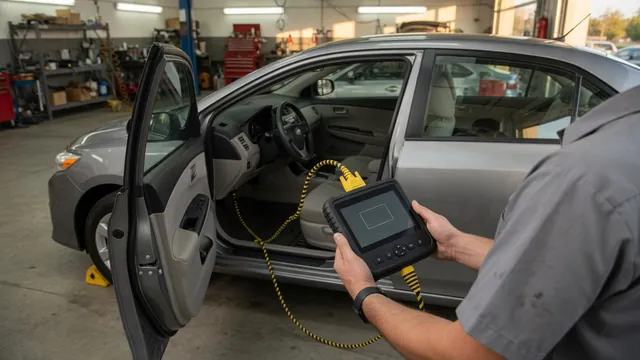 Diagnostic scan tool displaying P1521 beside a parked vehicle’s dashboard