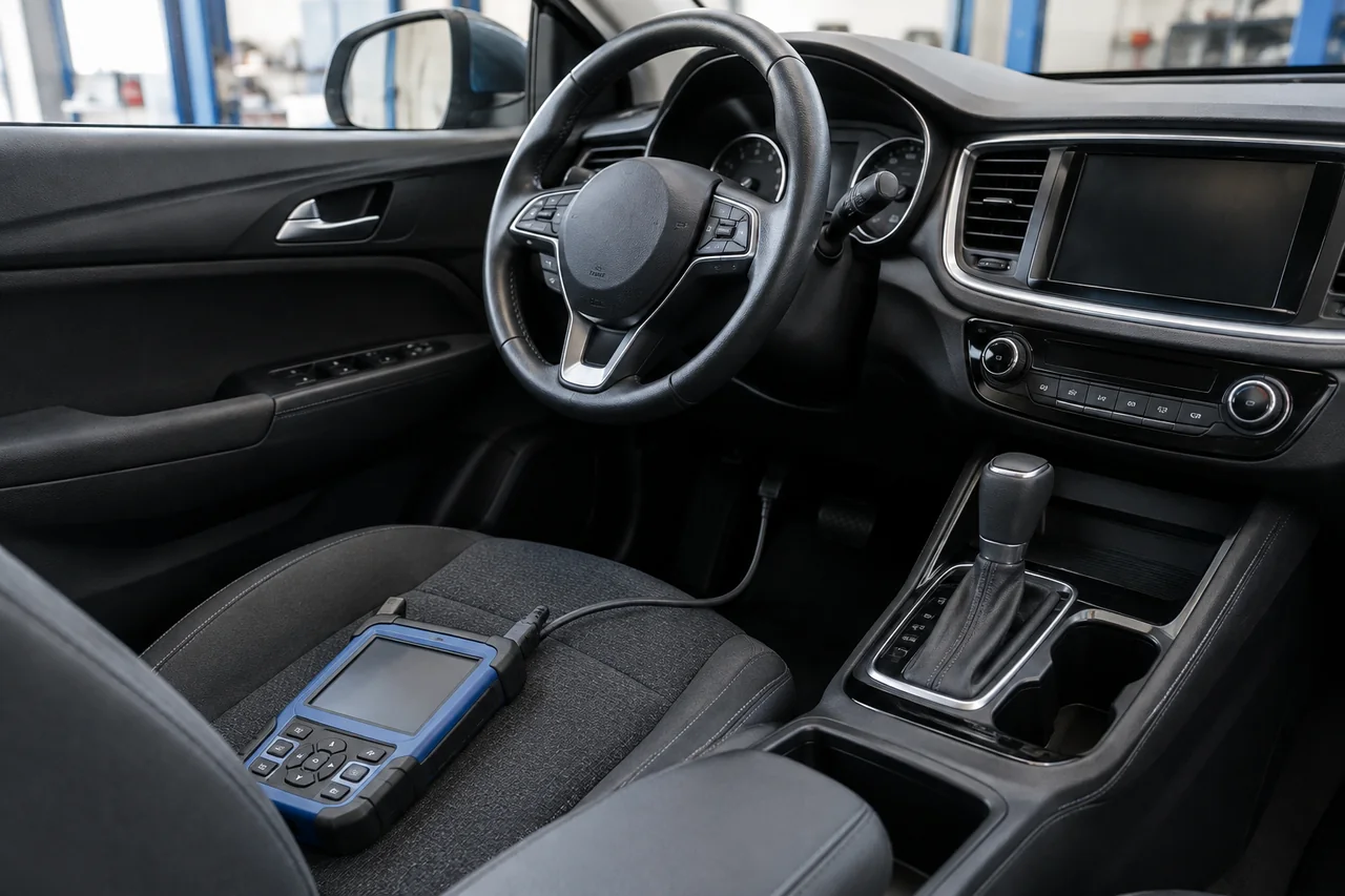 Diagnostic scanner beside a parked vehicle during a throttle body relearn check