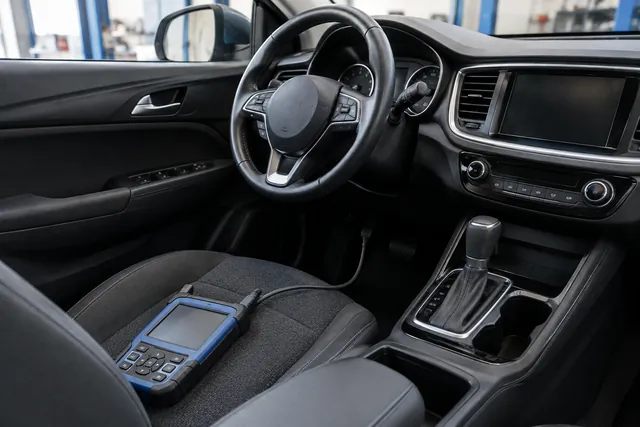 Diagnostic scanner beside a parked vehicle during a throttle body relearn check